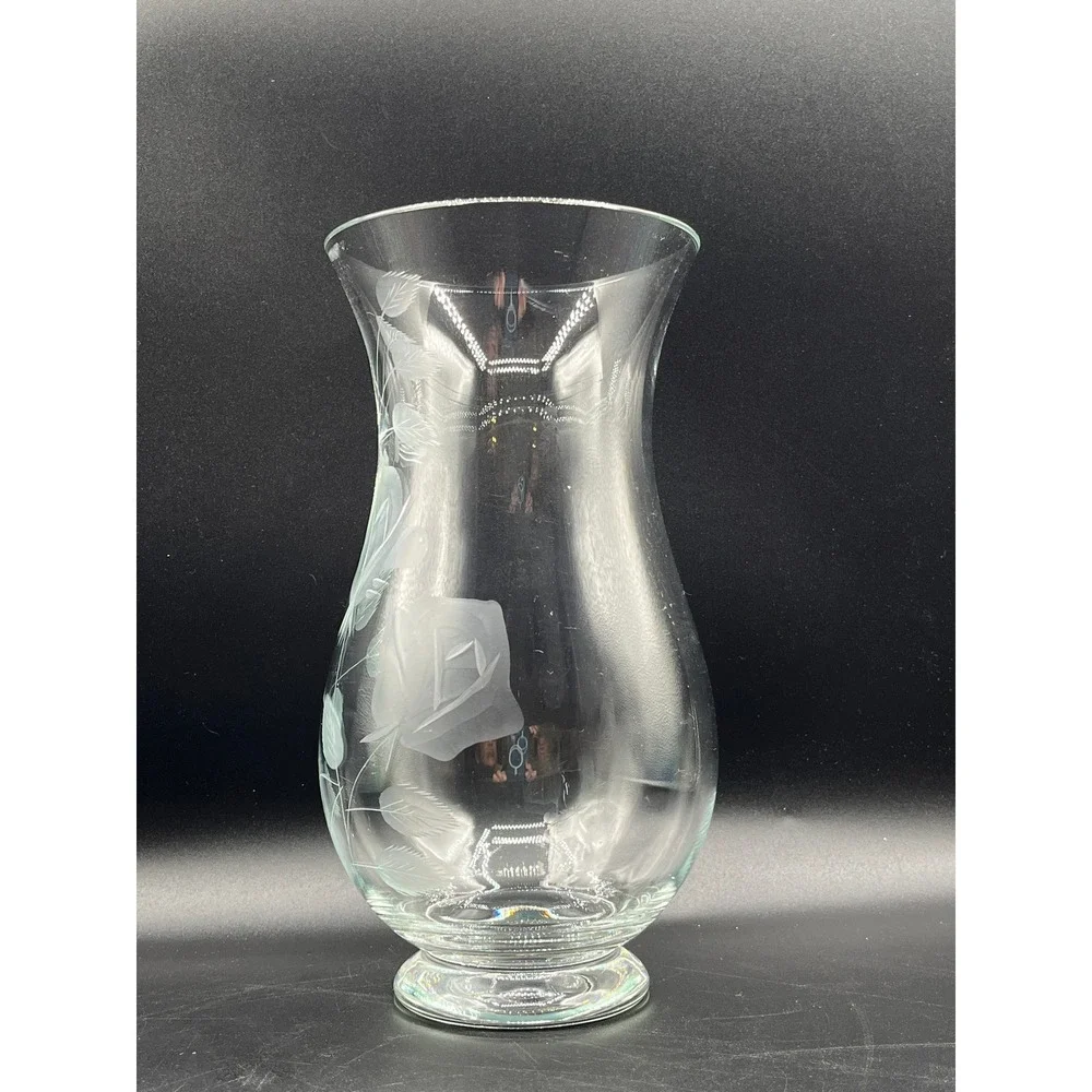Clear Glass Vase Etched Floral Rose Leaves Footed‎ Pedestal Base Home 9.5